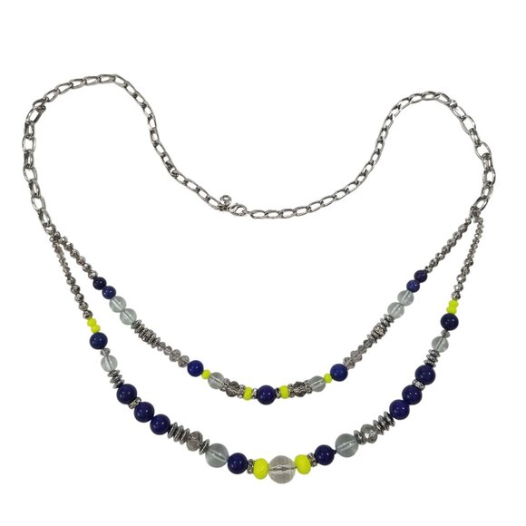Loft Rope Necklace w/Crystals, Blue and Lime Green Beads on a Chrome Chain - Picture 2 of 13